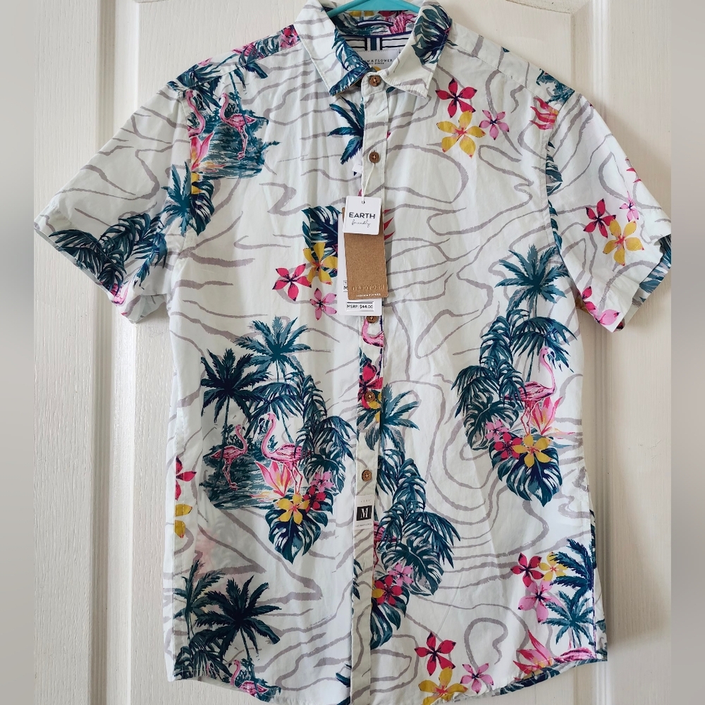 Denin & Flower Earth Casual Button Down Shirt Tropical Print.
